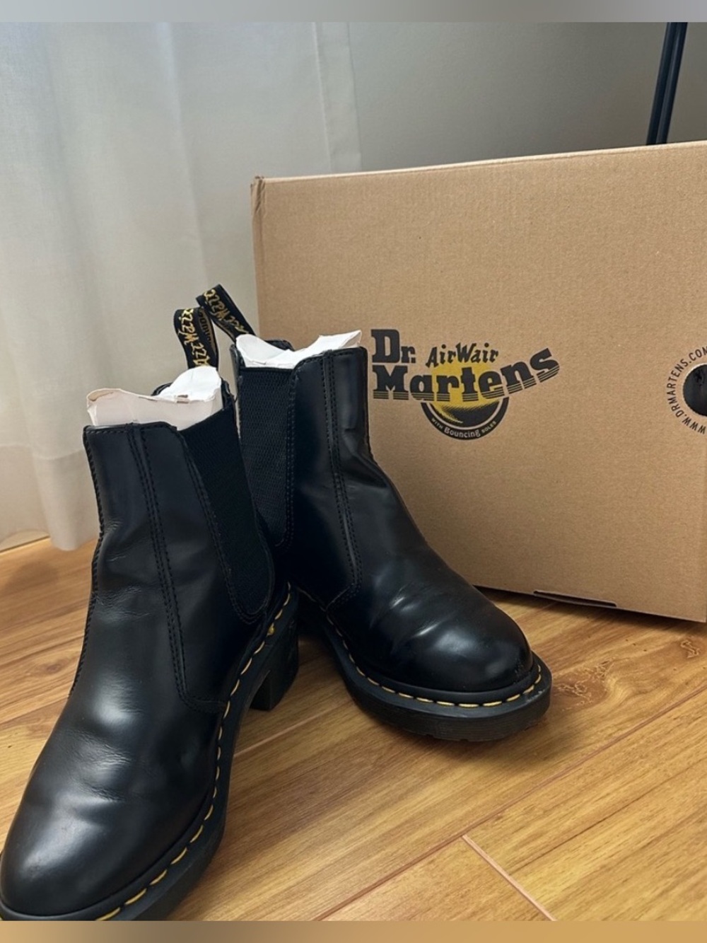 Dr. Martens Women's Black Leather Cadence Boots with Yellow Stitching